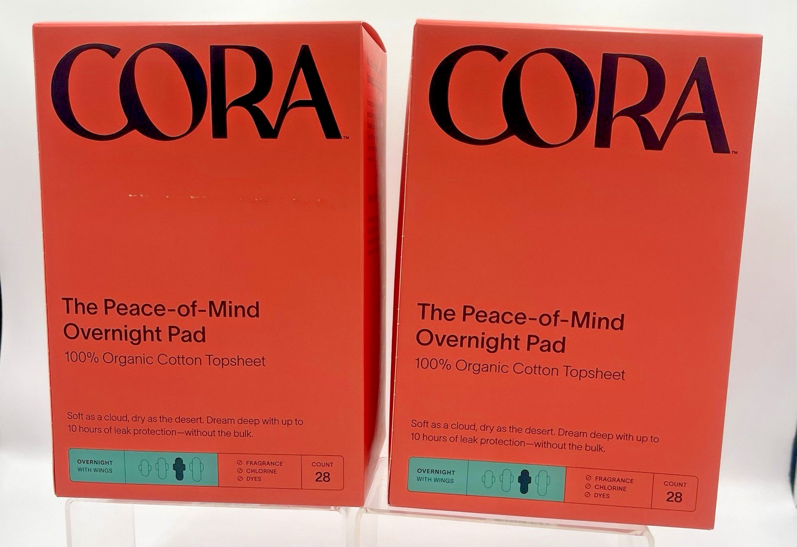 Lot of 2 CORA Peace of Mind Overnight Pads With Wings 28 Ct Organic Cotton