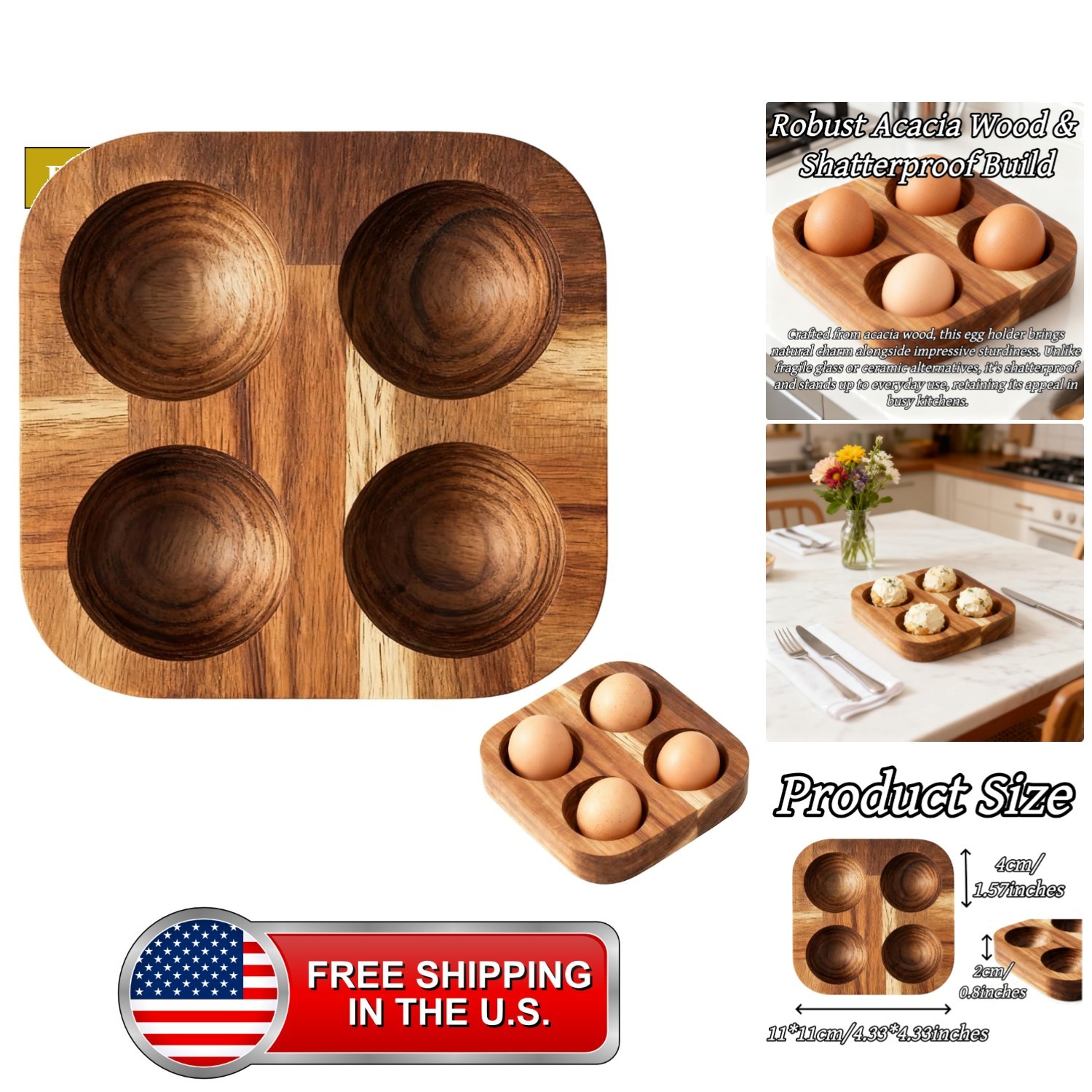 1 Pack Wooden Countertop Egg Holder Four Slot Double Row Compact Design for F...