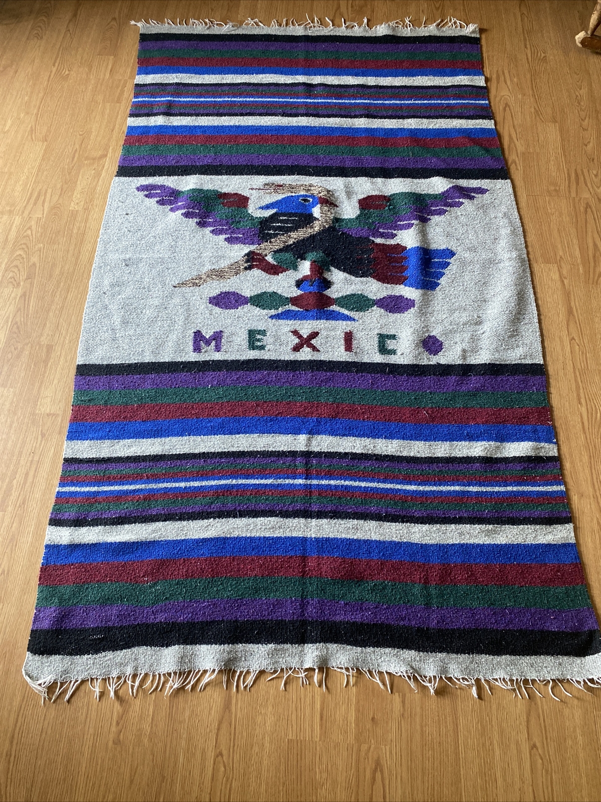Vintage Hand Woven Striped Blanket Mexico W/ Bird Southwest Decor W/Fringe 78X44