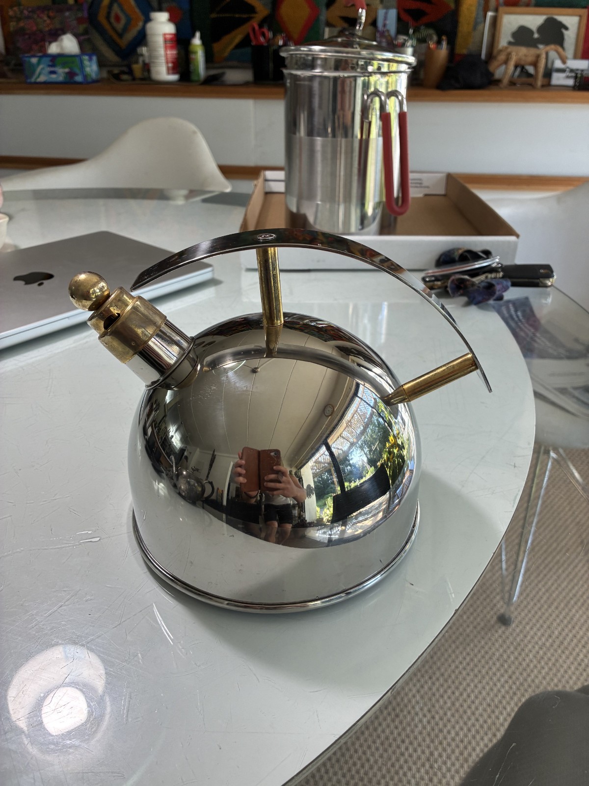 Chantal Stainless Steel Whistling Tea Kettle Brass Accents Vintage 1990s Chantal Stainless Steel Whistling Tea Kettle Brass Accents Vintage 1990s