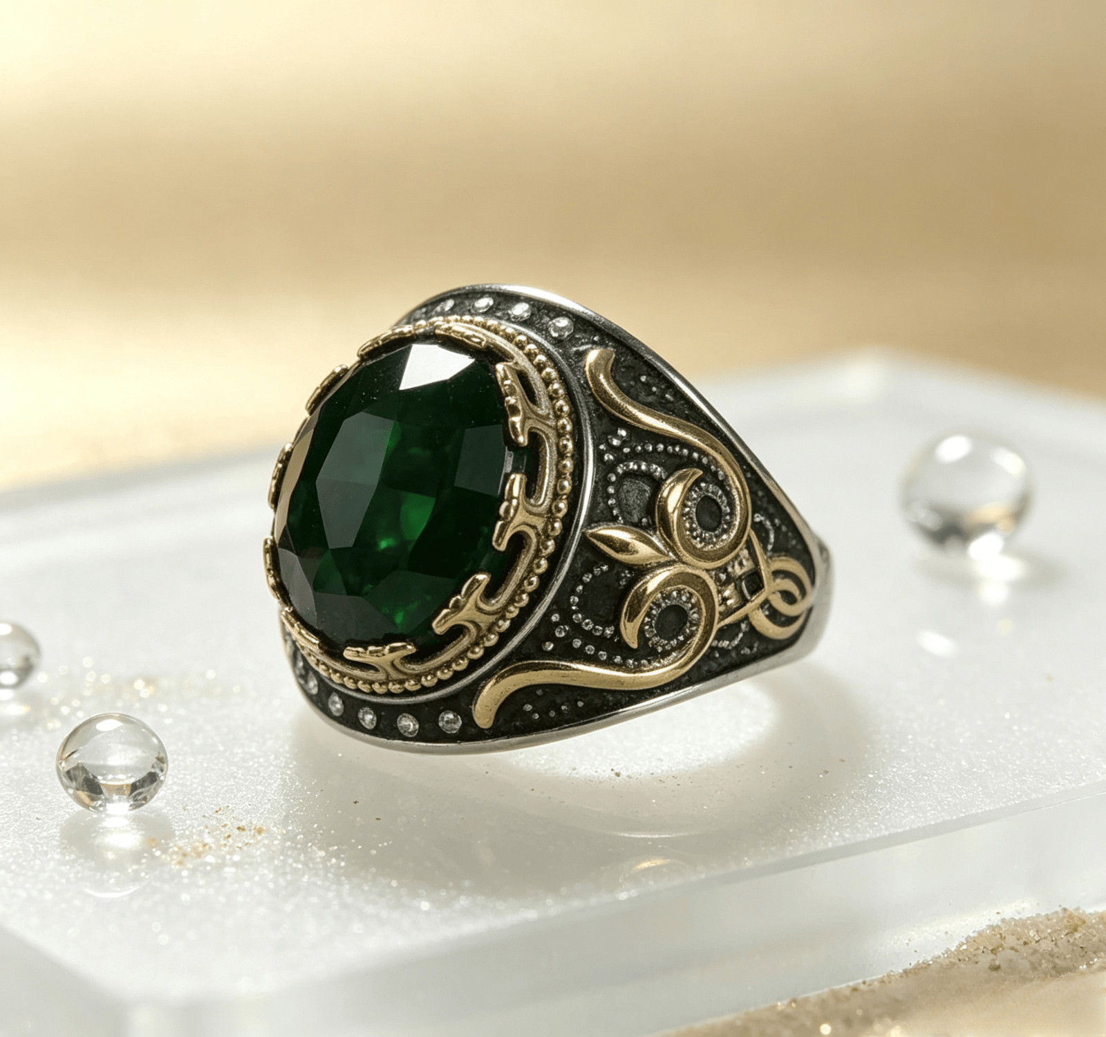 Men Stainless Steel Ring Oval Green Crystal Vintage Two Tone Gothic Men Stainless Steel Ring Oval Green Crystal Vintage Two Tone Gothic