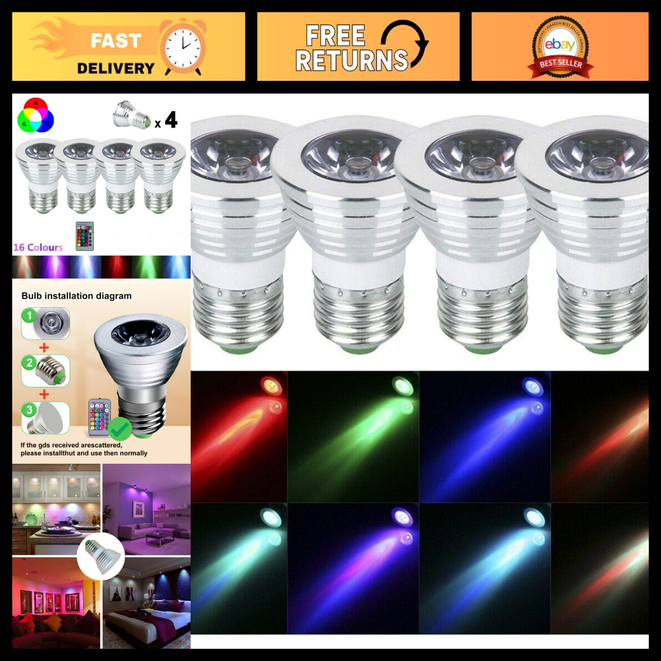 4-Pack LED Color Changing Bulbs, E26/E27 3W RGB Spotlight with Remote Control, M 4-Pack LED Color Changing Bulbs, E26/E27 3W RGB Spotlight with Remote Control, M