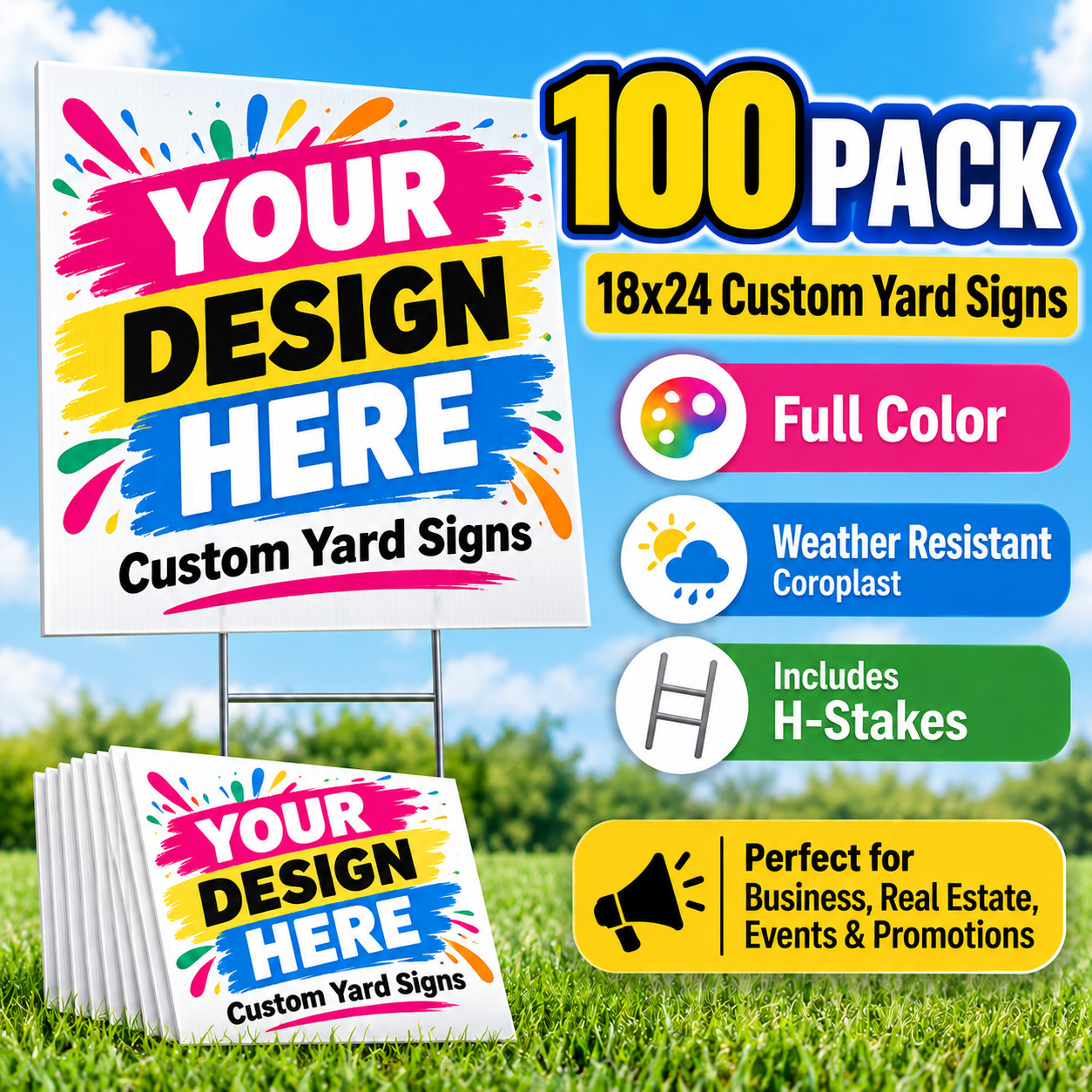 100 18x24 Full Color, Double Sided Custom Yard Signs + Stakes