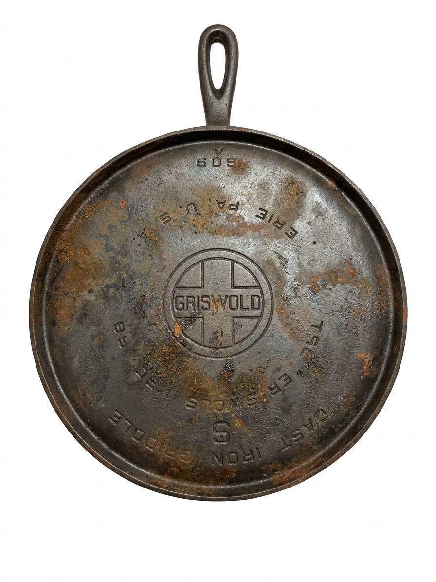 Early Griswold No. 9 Cast Iron Round Handle Pancake Griddle Pan Large Logo 609 Early Griswold No. 9 Cast Iron Round Handle Pancake Griddle Pan Large Logo 609