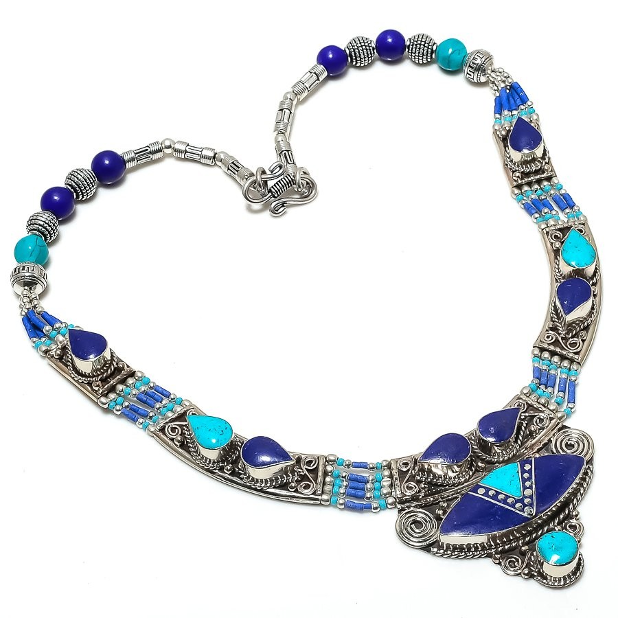 Natural Turquoise Lapis Lazuli Vintage Tibetan Necklace 18\