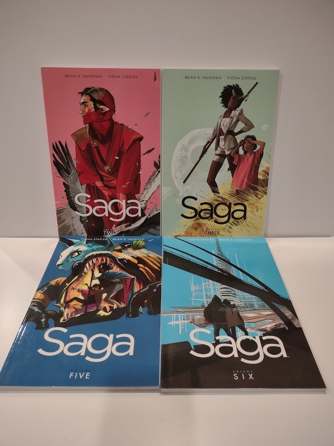 Saga, Vol 2, 3, 5, and 6, paperback graphic novels