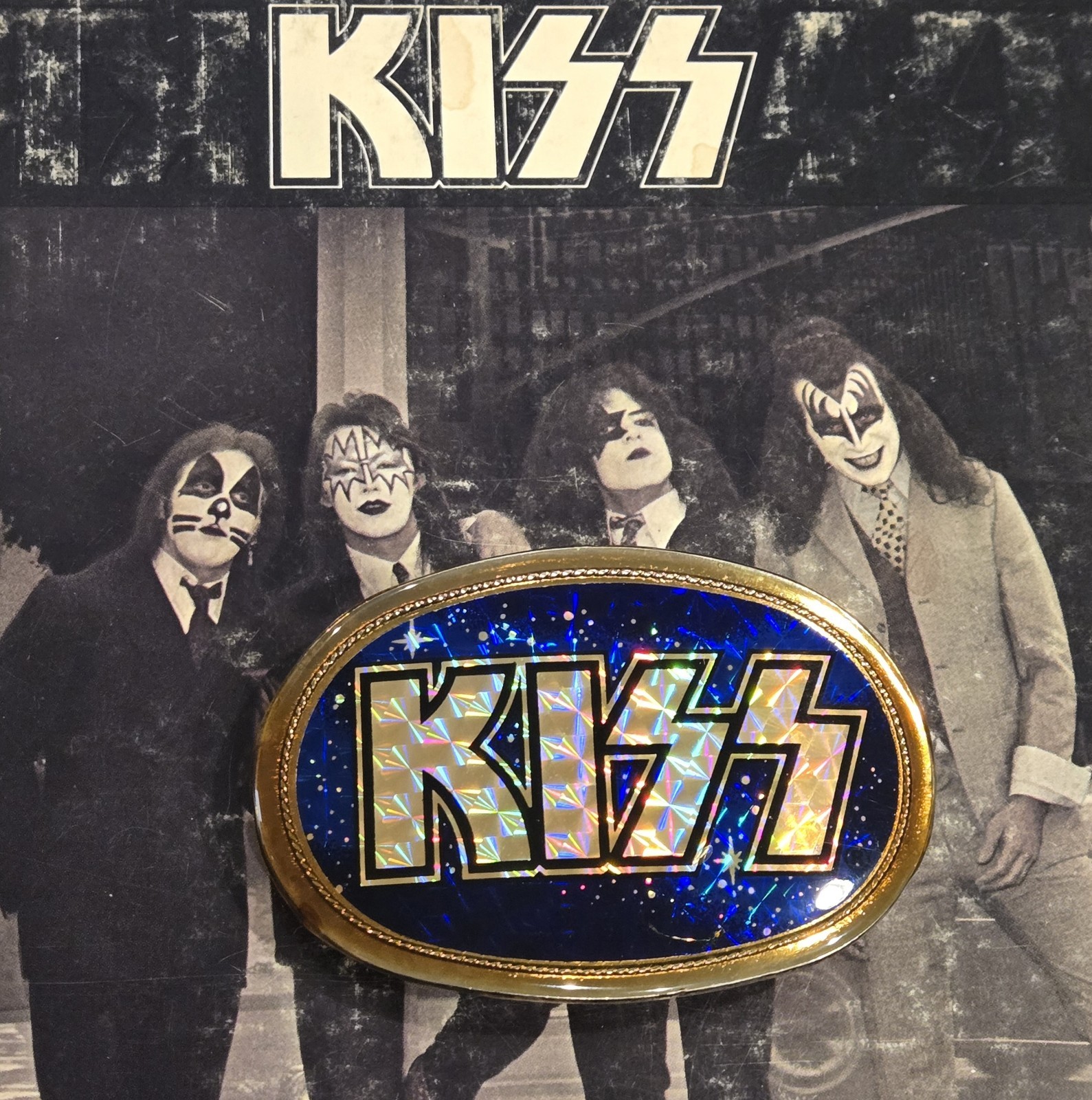 Vintage 1977 KISS Pacifica Blue Galaxy Prism Belt Buckle NICE
