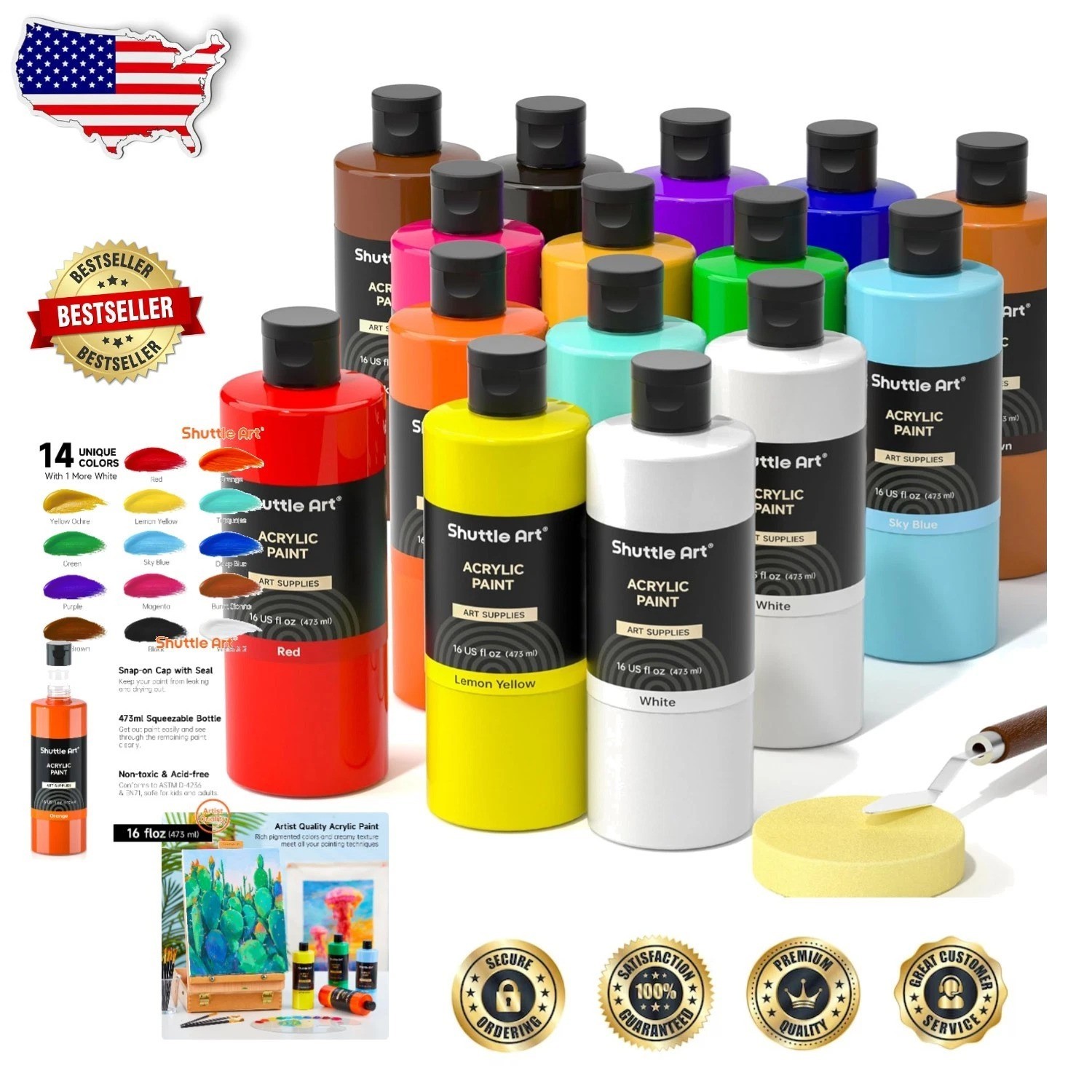 Beginner Acrylic Paint Set - 15 x 16oz Bottles, Non-Toxic, Canvas Wood Ceramic