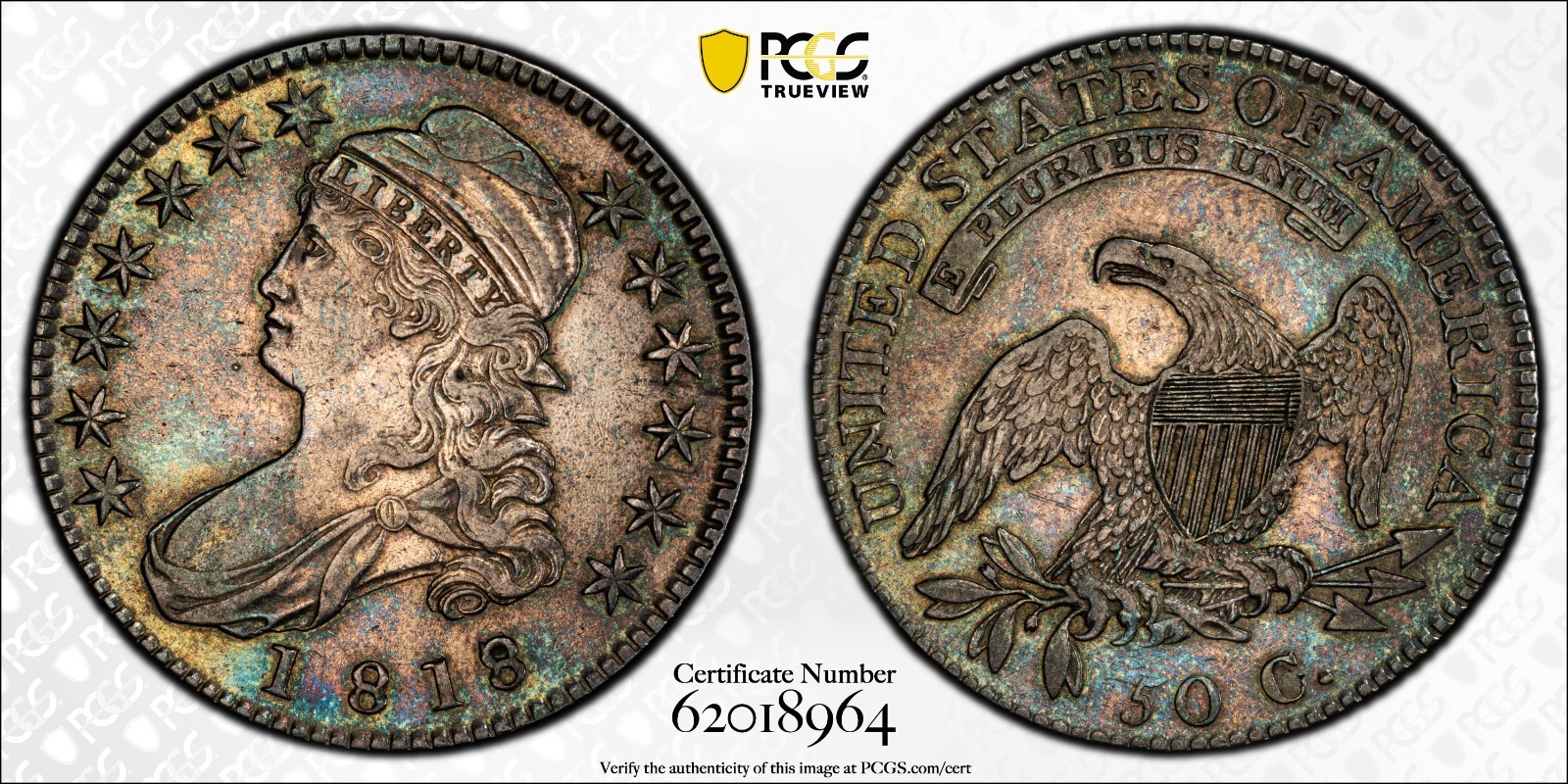 1818/7 CAP BUST HALF SM 8 O-102 PCGS AU55 RARE BEAUTIFUL TONER *POP 5 & 4 HIGHER 1818/7 CAP BUST HALF SM 8 O-102 PCGS AU55 RARE BEAUTIFUL TONER *POP 5 & 4 HIGHER