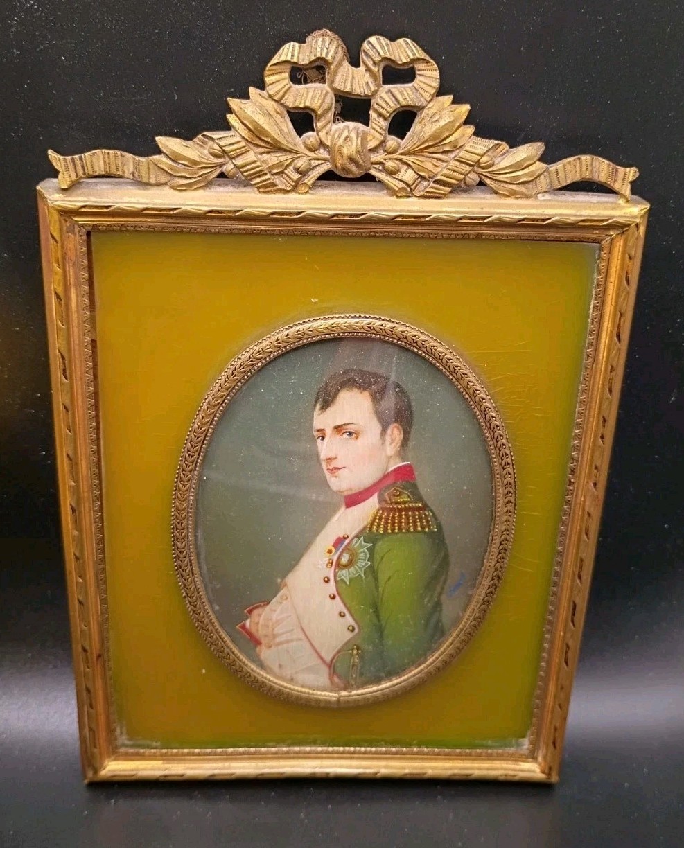 Antique Hand-Painted Napoleon Miniature Portrait on Bone c.1900, Germany Frame