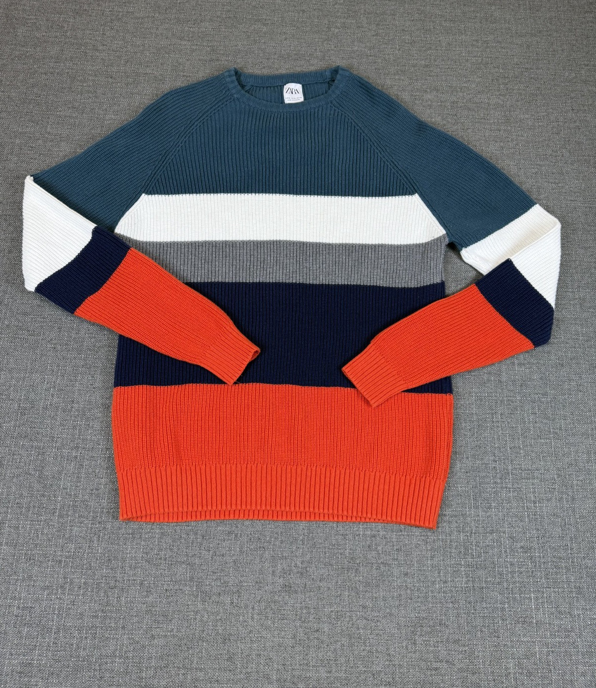 ZARA Men’s XL Colorblock Ribbed Knit Sweater 100% Cotton Teal Navy Orange White ZARA Men’s XL Colorblock Ribbed Knit Sweater 100% Cotton Teal Navy Orange White