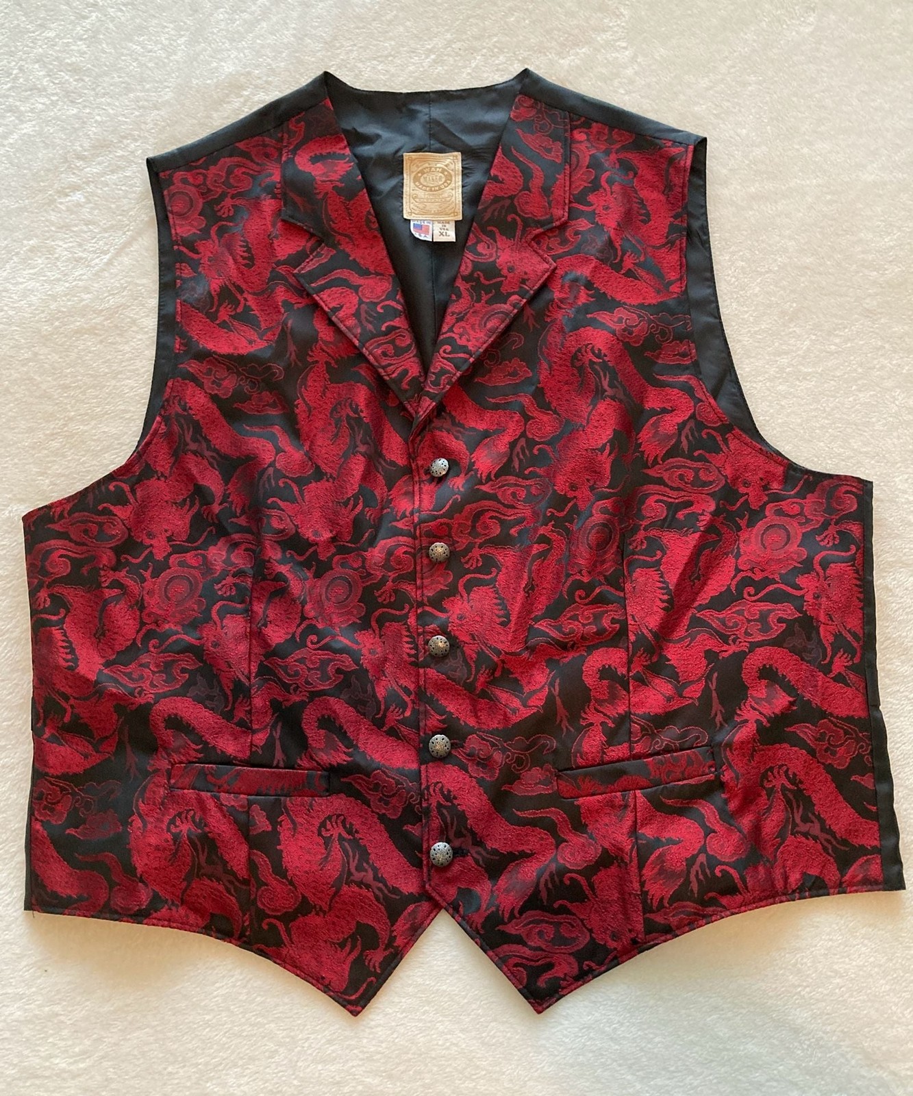 Wah Maker Frontier Clothing Vest Size XL Red Black Dragon Brocade