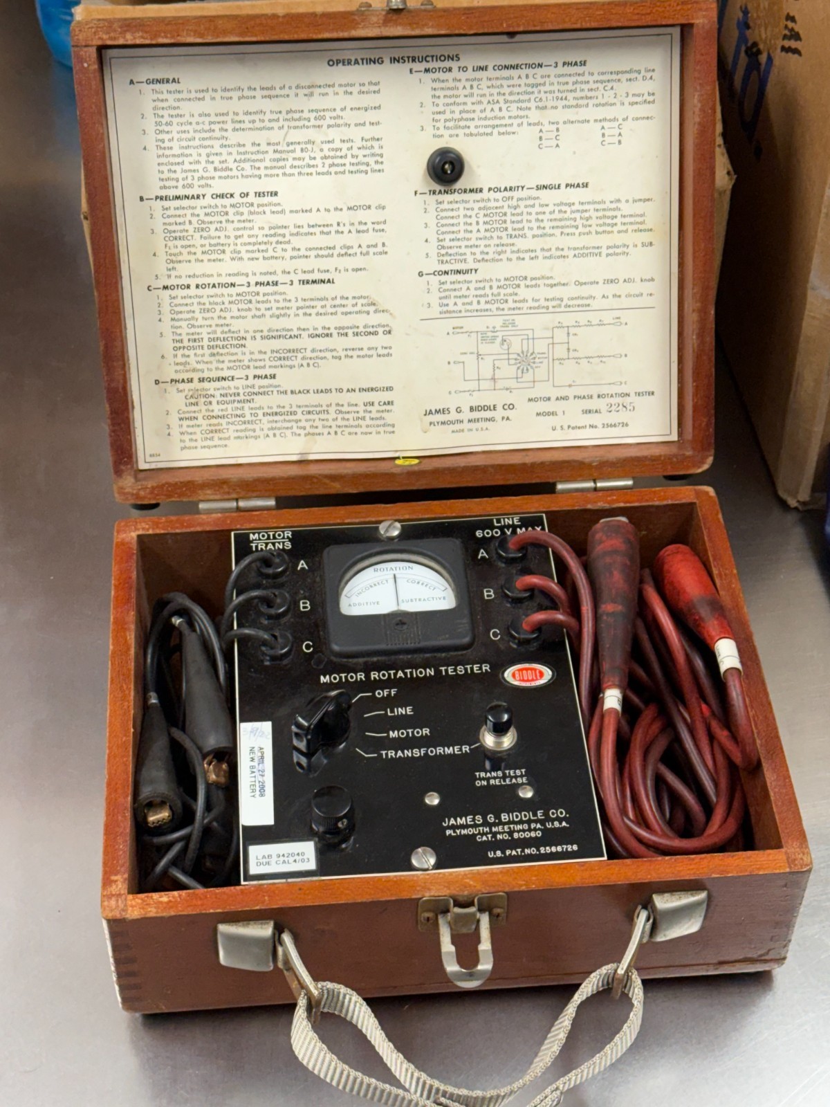 Vintage James Biddle Model 1 Motor Rotation Tester
