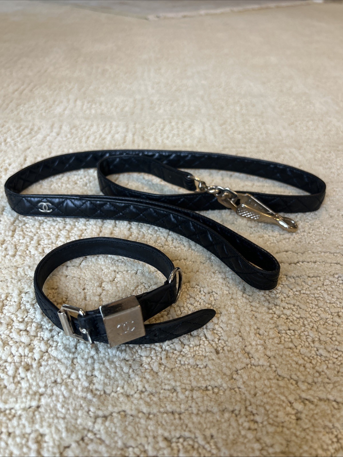 Vintage CHANEL Dog Collar and Leash Set Black Quilted Leather