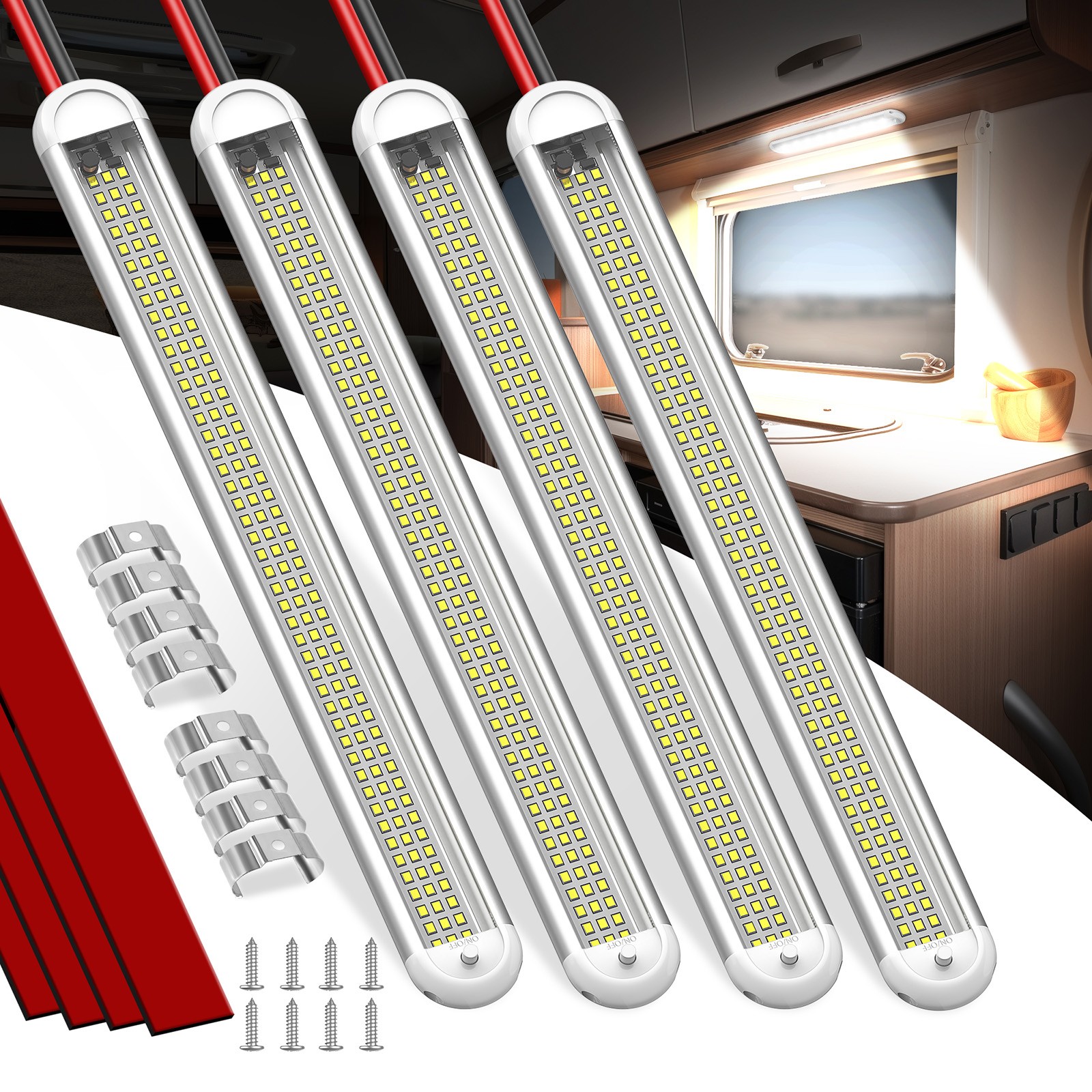 4Pcs 12V 28W LED Interior Light Bar Strip 120LEDs 2800LM LED Light ON/Off Switch