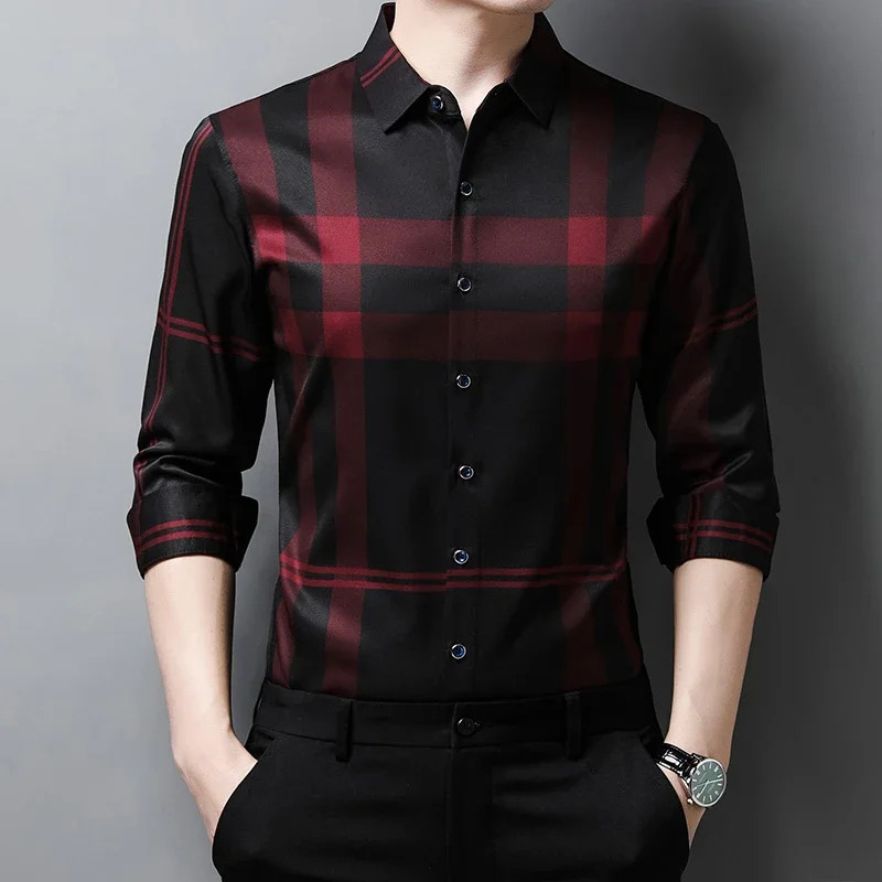 Camisa Ajustada De Seda De Hombres Ropa De Vestir Manga Larga a Cuadros Elegante Camisa Ajustada De Seda De Hombres Ropa De Vestir Manga Larga a Cuadros Elegante