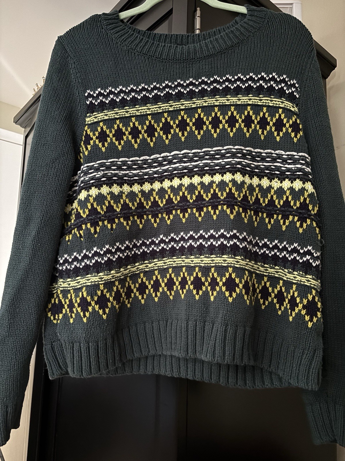 Talbots Diamond Fair Isle Crewneck Sweater Womens XL Green Cozy Knit Lounge Talbots Diamond Fair Isle Crewneck Sweater Womens XL Green Cozy Knit Lounge