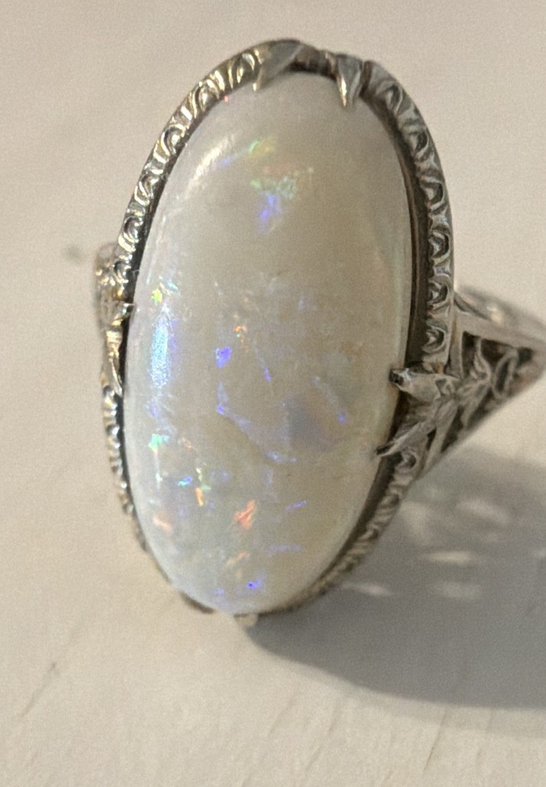 Antique Art Deco 14K White Gold Filigree Oval White Opal Statement Ring - Size 6