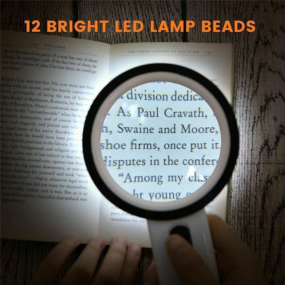 30X Jumbo Handheld Magnifying Glass w/ 12 Bright LED Light Illuminated Magnifier