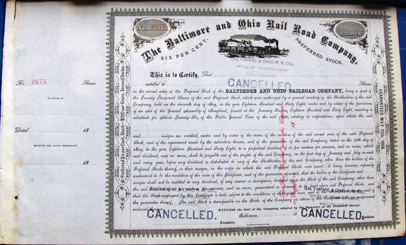 Baltimore & Ohio Railroad Comp. stock certificate, dated 1868 mint Baltimore & Ohio Railroad Comp. stock certificate, dated 1868 mint