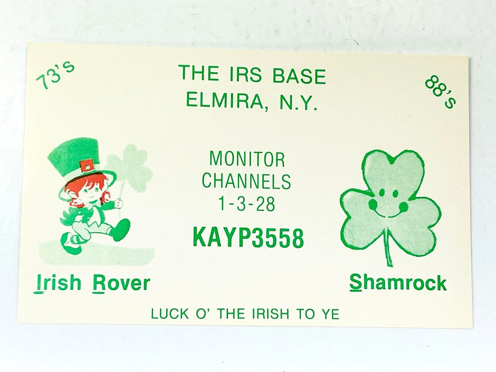 Vintage QSL Card Ham CB Amateur Radio Irish Rover Shamrock Base KAYP3558 NY Vintage QSL Card Ham CB Amateur Radio Irish Rover Shamrock Base KAYP3558 NY
