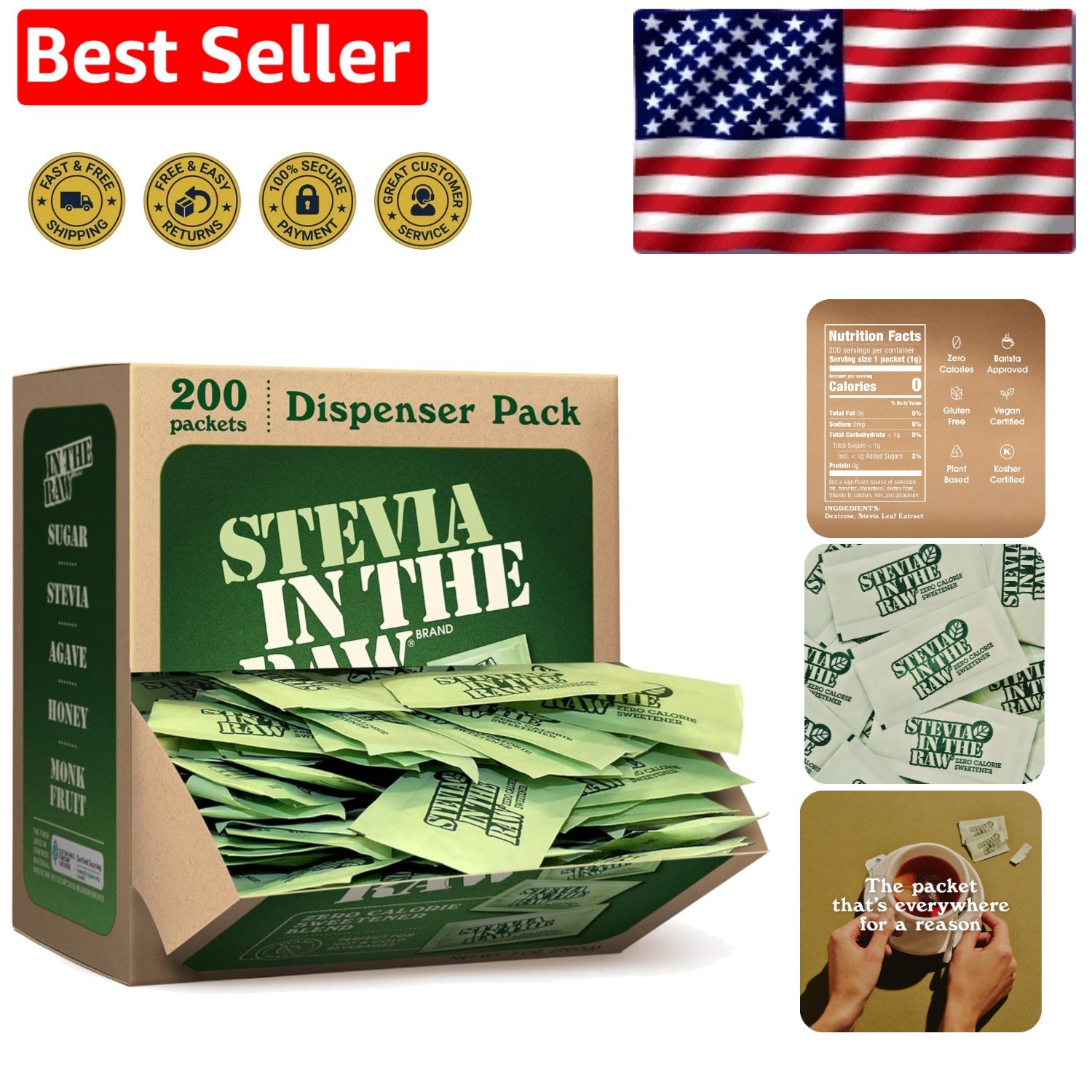 200 Count Stevia Sweetener Packets - Natural Sugar Substitute, No Erythritol