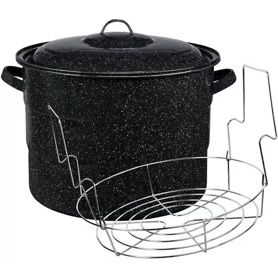 Enamel on Steel 21.5-Quart Water Bath Canner with Lid & Jar Rack Speckled Black Enamel on Steel 21.5-Quart Water Bath Canner with Lid & Jar Rack Speckled Black