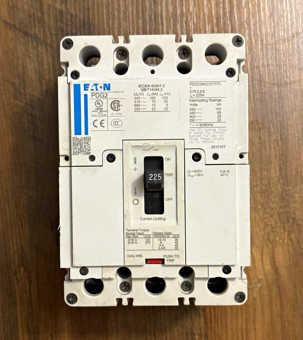 Eaton PDG2 PDG23M0225TFFL Circuit Breaker 225A 600V 3P Main Breaker