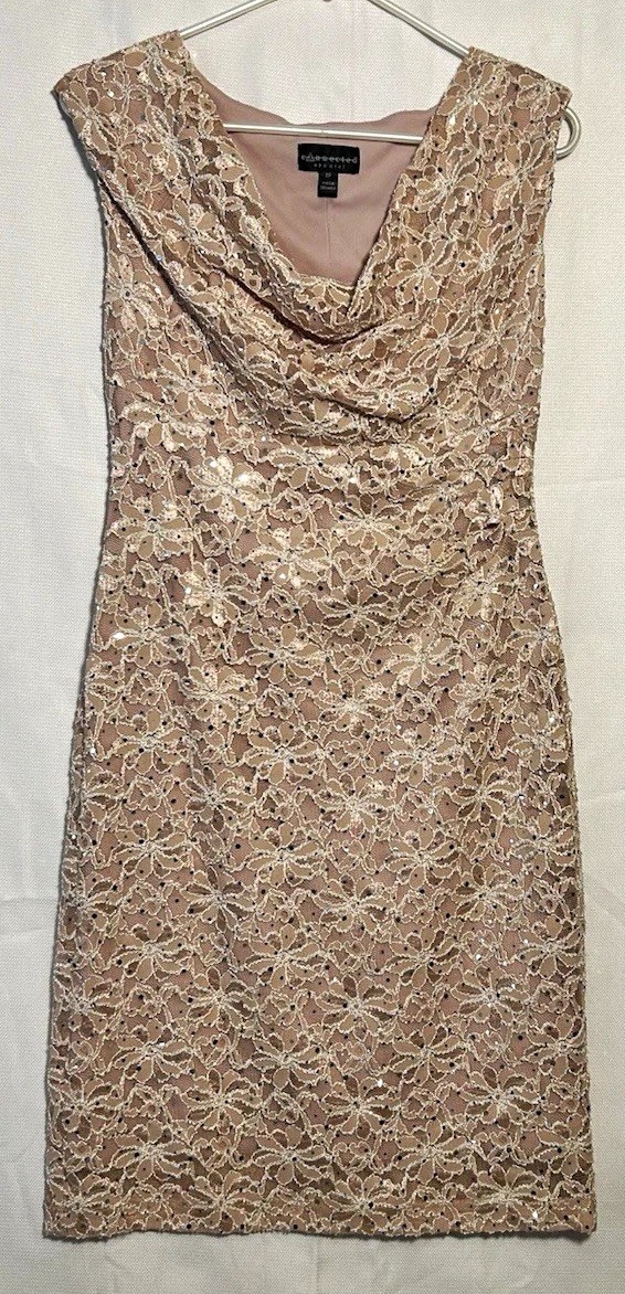 Connected Women’s 8P Rose Gold Lace Sequin Sheath Knee Length Dress Stretchy