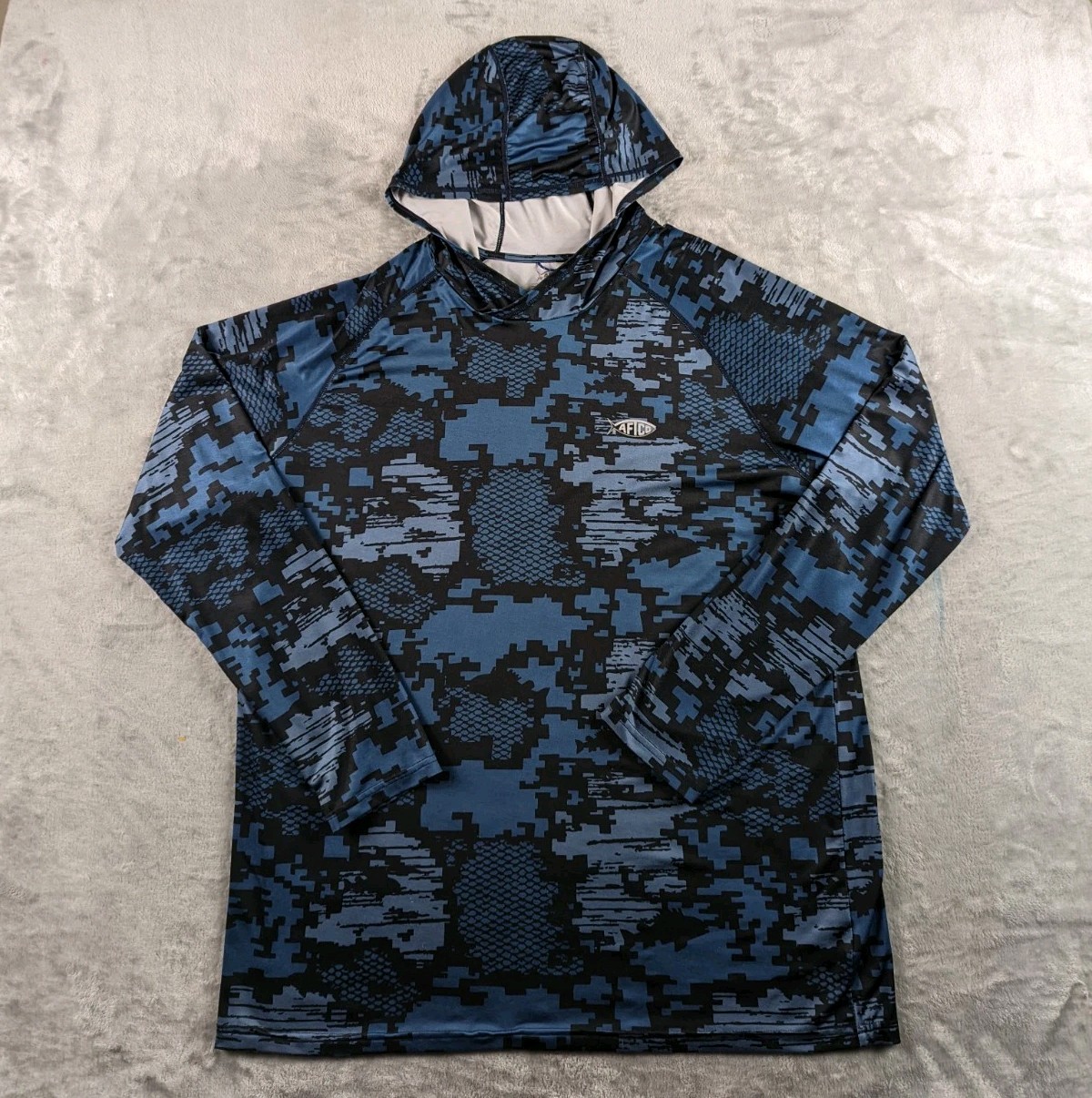 AFTCO Hoodie Mens XL Blue Digital Camo AFTech Fishing Sun Shirt Lightweight READ AFTCO Hoodie Mens XL Blue Digital Camo AFTech Fishing Sun Shirt Lightweight READ