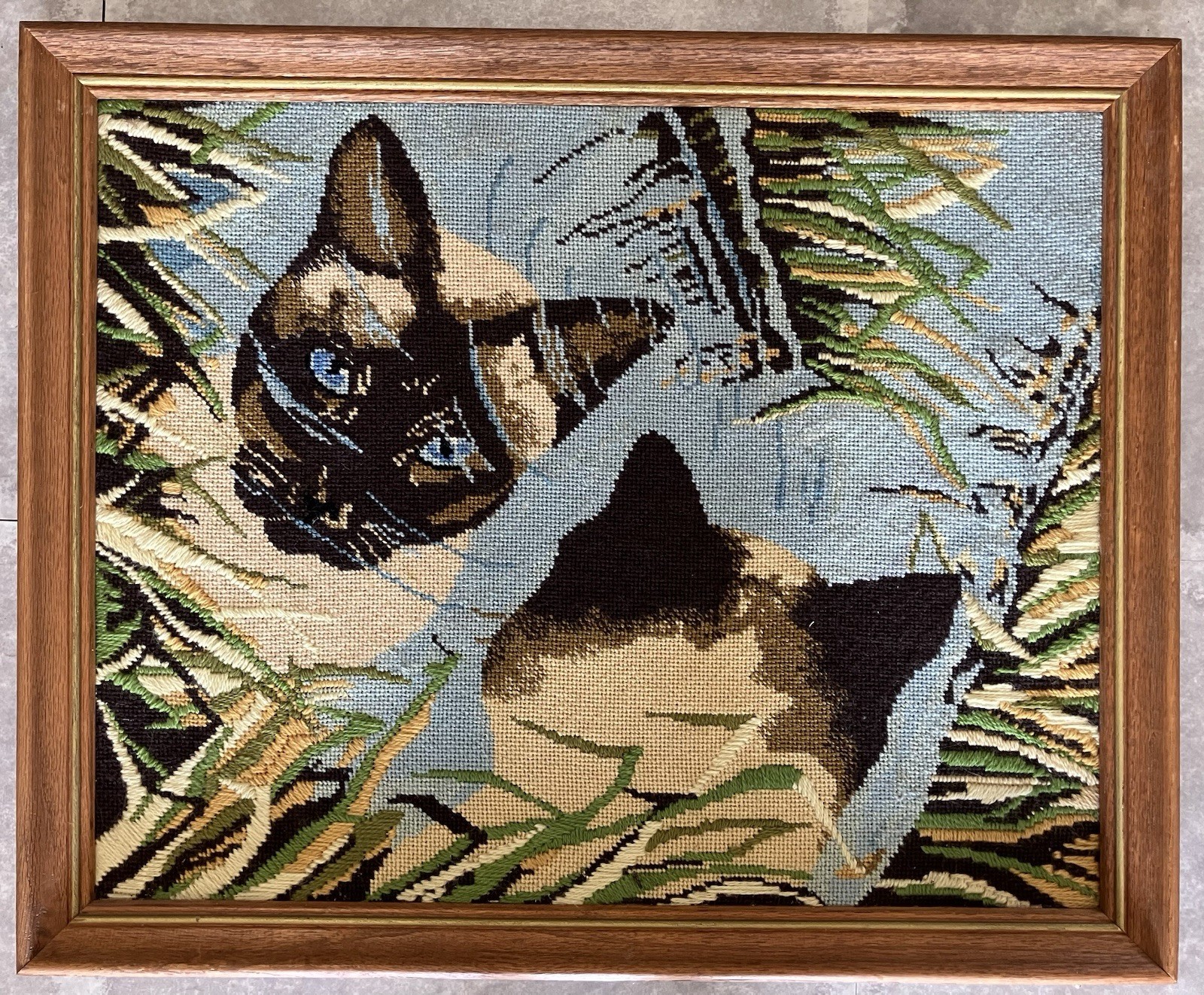 Framed Vintage Cat Cats Crewel Needlepoint approx 22” x 17” * Large * Siamese Framed Vintage Cat Cats Crewel Needlepoint approx 22” x 17” * Large * Siamese