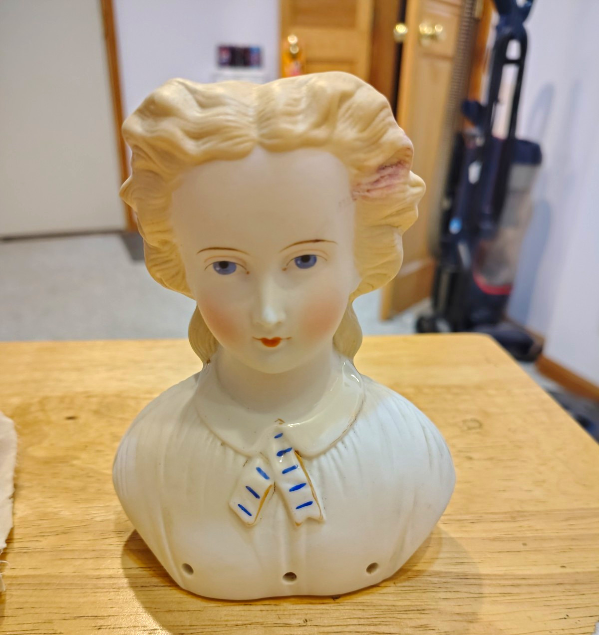 Antique German Parian Bisque Doll Head Size 8 Molded Hairnet Snood Tie Gold Gilt