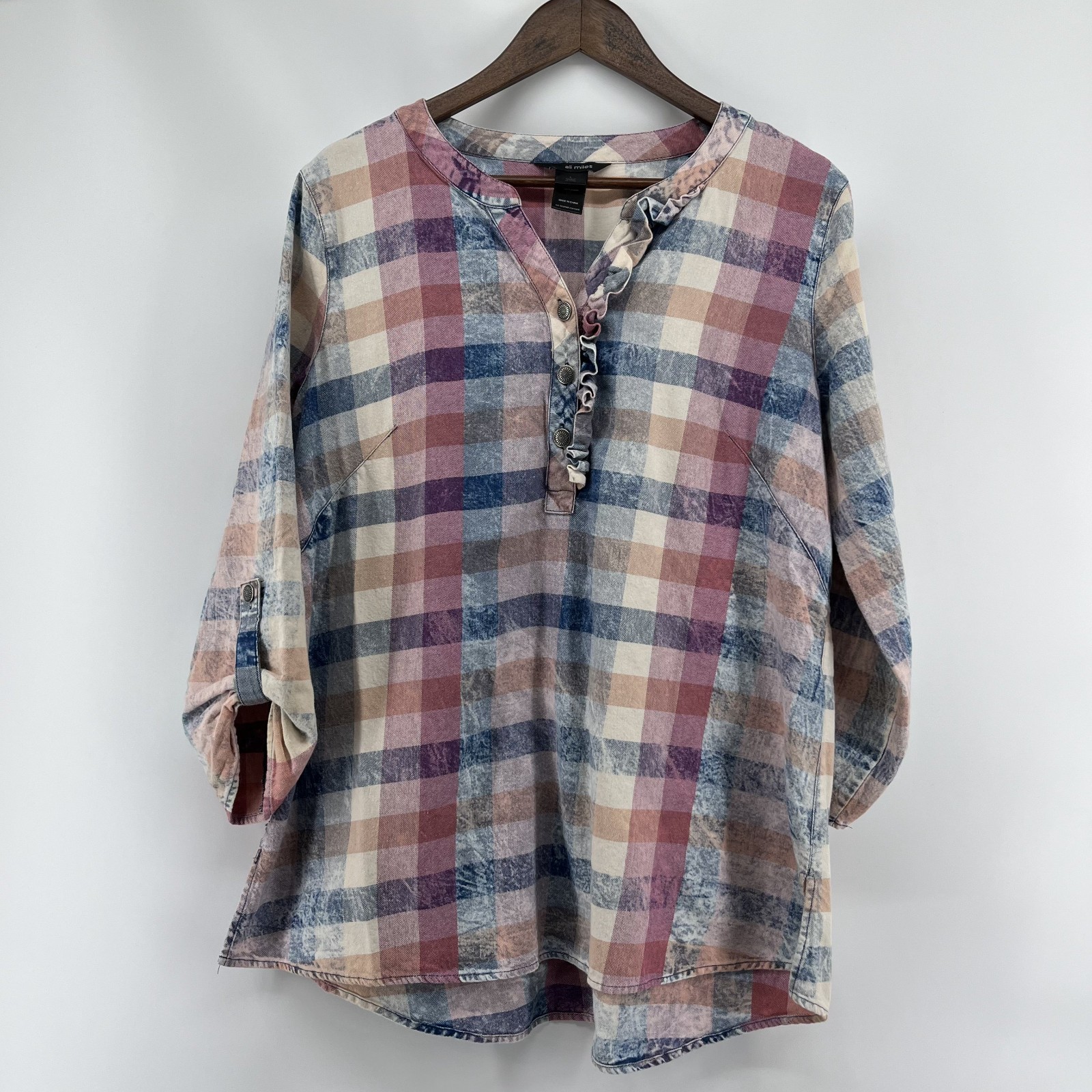 Ali Miles Top Women Large Check Button Ruffle Roll Tab Sleeve Boho Lagenlook EUC Ali Miles Top Women Large Check Button Ruffle Roll Tab Sleeve Boho Lagenlook EUC