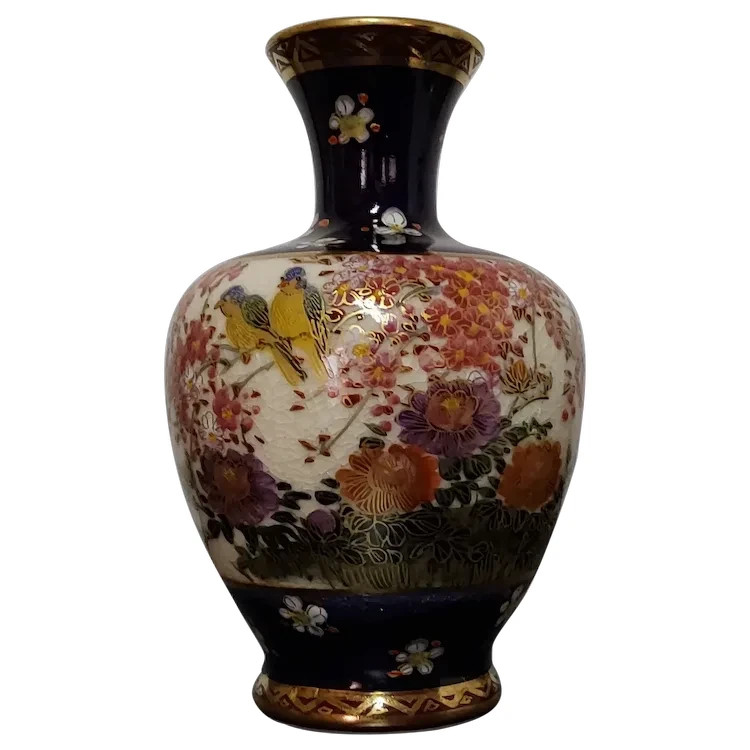 Vintage Japanese Satsuma Vase Flowers & Birds Signed Vintage Japanese Satsuma Vase Flowers & Birds Signed