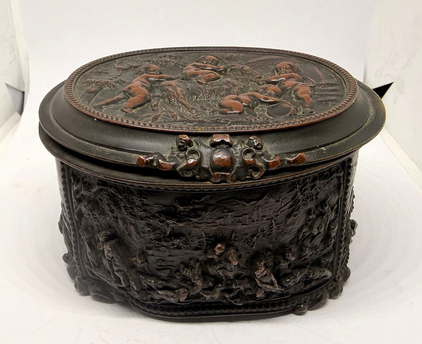Antique French AB Bronze High Relief Trinket Box Casket Velvet Lined Rare a/f