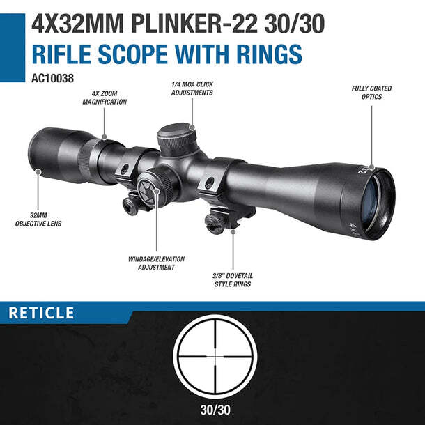 Barska AC10039 Zoom 4x 32mm Plinker-22 Scope with Dovetail Rings & Caps Kit Barska AC10039 Zoom 4x 32mm Plinker-22 Scope with Dovetail Rings & Caps Kit