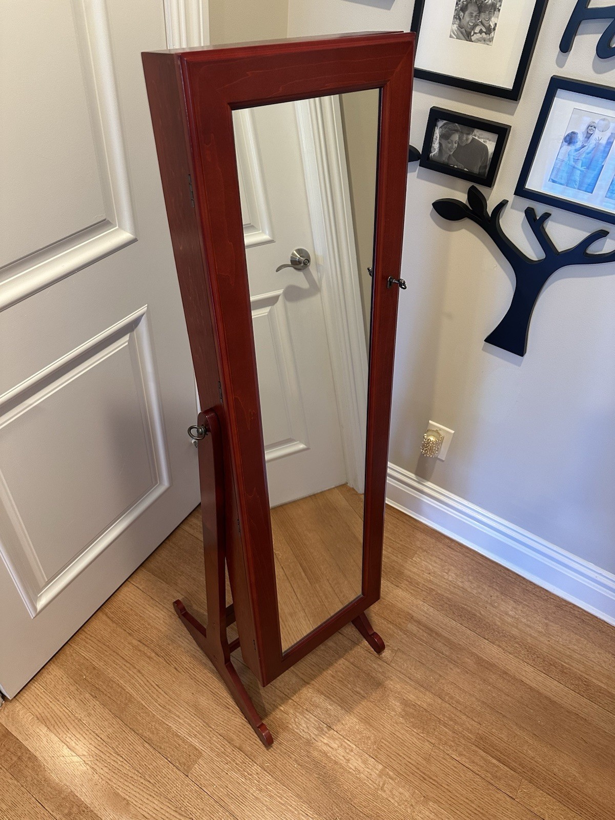 Free-Standing Wooden Jewelry Armoire with Full-Length Tilting Mirror