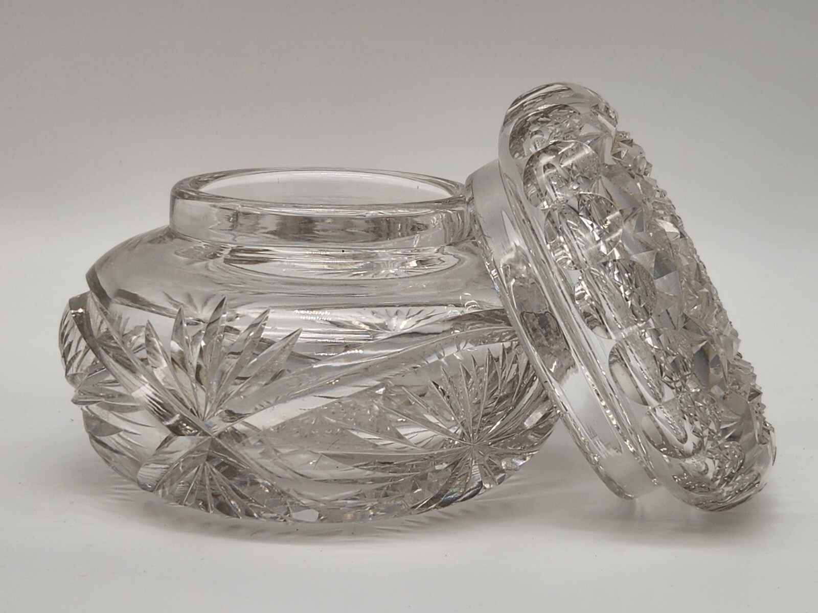 Antique American Brilliant Period CUT GLASS POWDER JAR DISH Lidded 4.5 Antique American Brilliant Period CUT GLASS POWDER JAR DISH Lidded 4.5