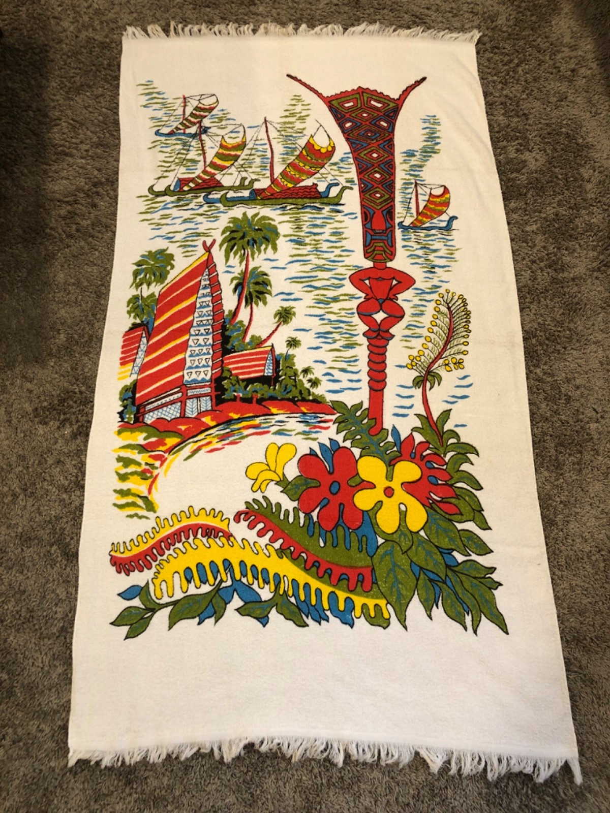 Vintage Beach Towel 60-70's Tiki Hut Flowers Terry Cloth Tapestry 56x31 Vintage Beach Towel 60-70's Tiki Hut Flowers Terry Cloth Tapestry 56x31