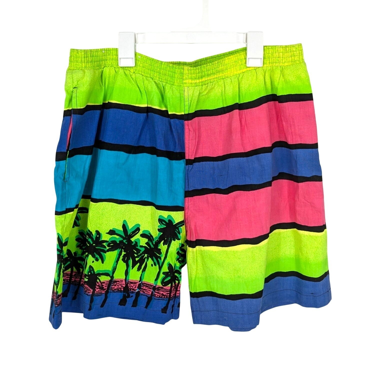 Vtg Pacific Scene Neon Striped Swim Trunks Tropical Y2K Palm Beach Retro XLarge