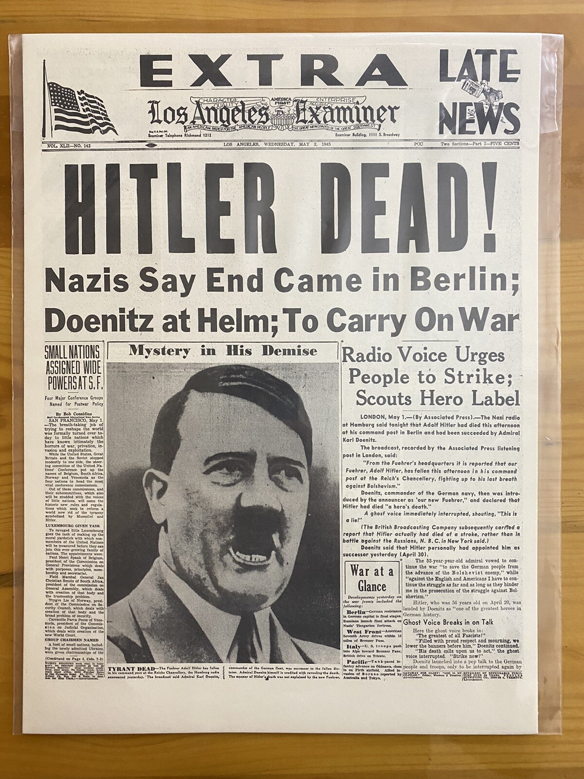VINTAGE NEWSPAPER HEADLINE~WORLD WAR 2 GERMANY BERLIN HITLER DEAD WWII 1945 VINTAGE NEWSPAPER HEADLINE~WORLD WAR 2 GERMANY BERLIN HITLER DEAD WWII 1945