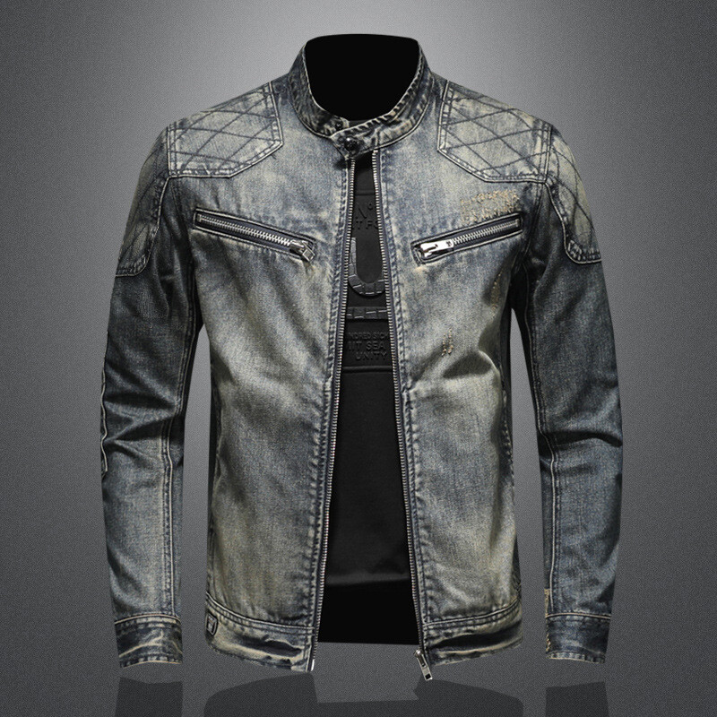Occident Men\'s Stand Collar Denim Jean Jacket Zip Slim Coat Punk Fashion Tops