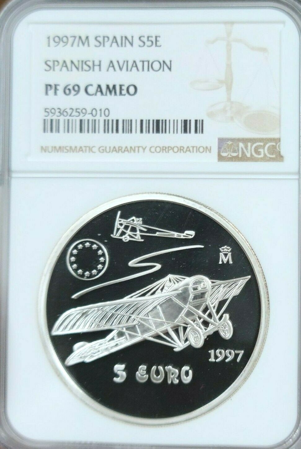 1997 SPAIN SILVER 5 EURO SPANISH AVIATION NGC PF 69 CAMEO RARE TOP POP 1997 SPAIN SILVER 5 EURO SPANISH AVIATION NGC PF 69 CAMEO RARE TOP POP