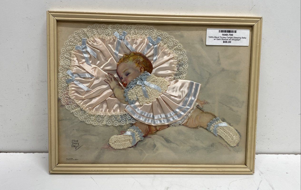 Maud Tousey Fangel Sleeping Baby Lithograph Satin 10x13 1940s Signed Framed