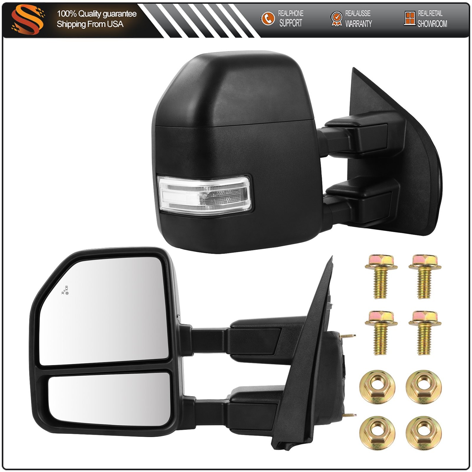 L+R Side Towing Mirrors For 2017-2019 Ford F-250 F250 W/Heated Turn Signal Black