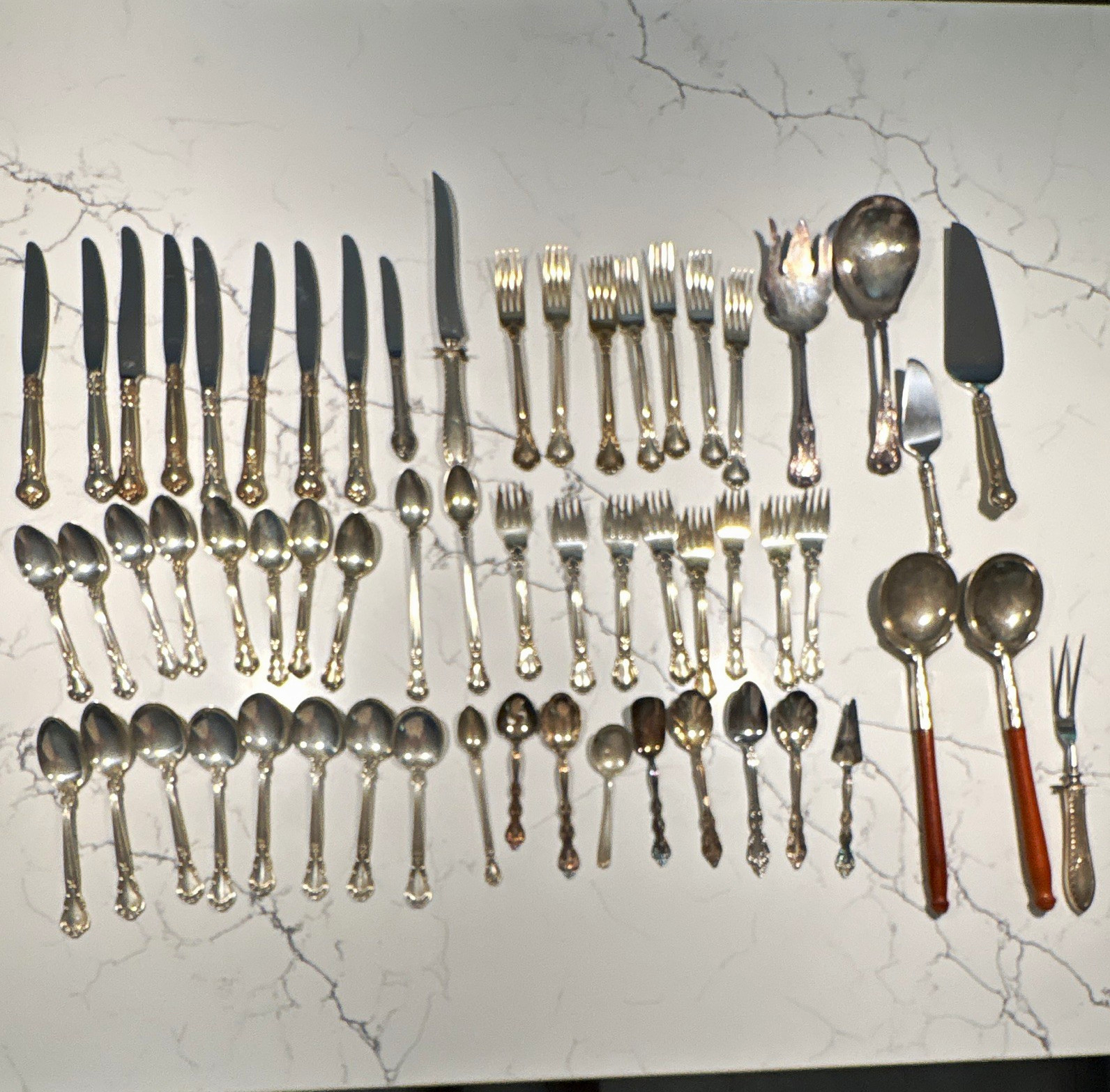 59pc Sterling Silver Plated Flatware Set w/ Serving Pieces, Floral Wood Handles