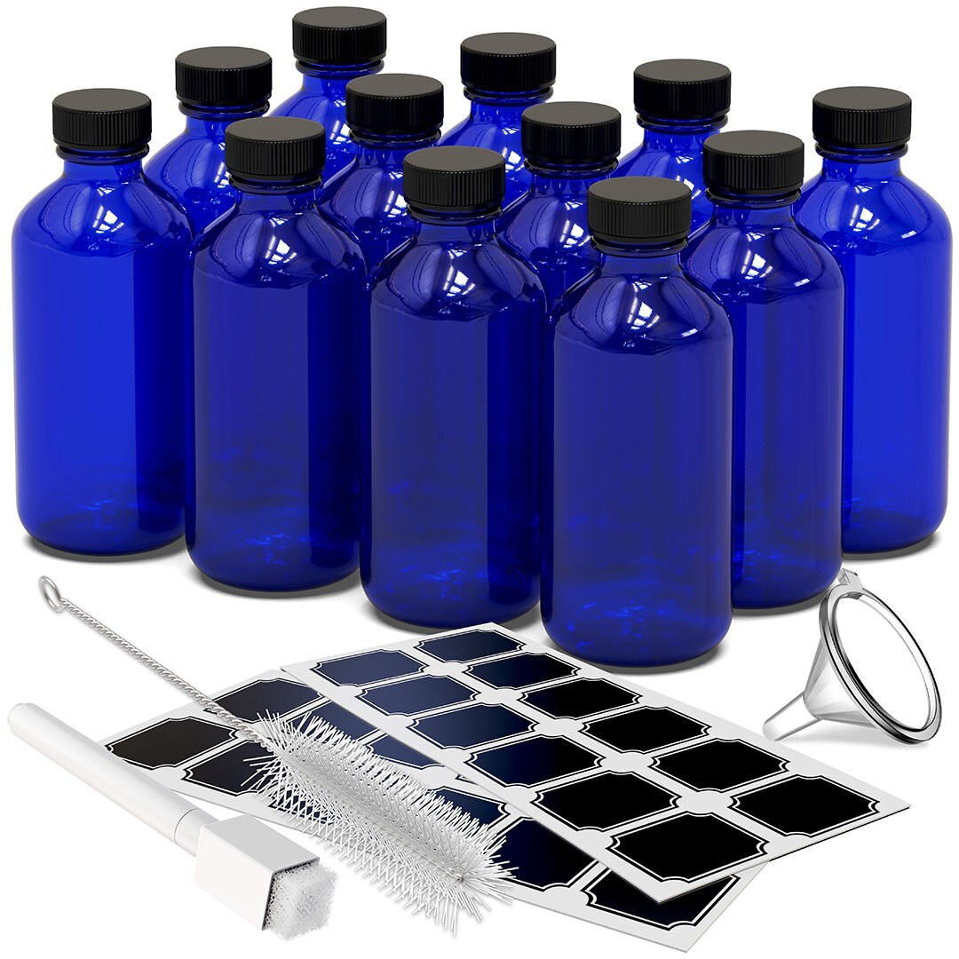 Nevlers 8 oz Boston Round Cobalt Blue Glass Bottles (Set of 12) Nevlers 8 oz Boston Round Cobalt Blue Glass Bottles (Set of 12)