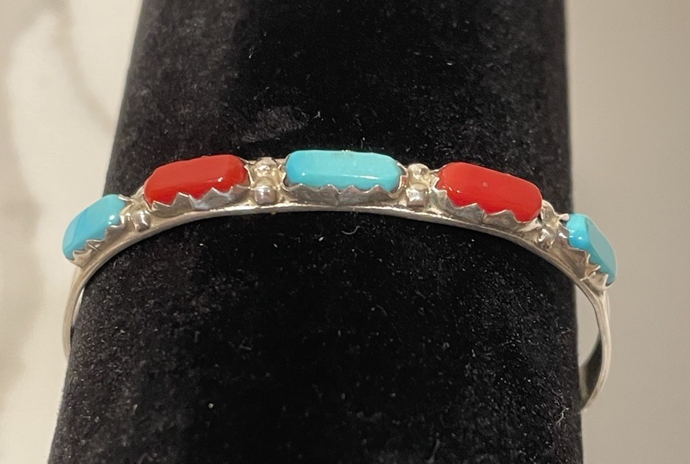 VINTAGE Navajo Sterling Silver Turquoise & Coral Cuff Bracelet Signed NASTACIO VINTAGE Navajo Sterling Silver Turquoise & Coral Cuff Bracelet Signed NASTACIO