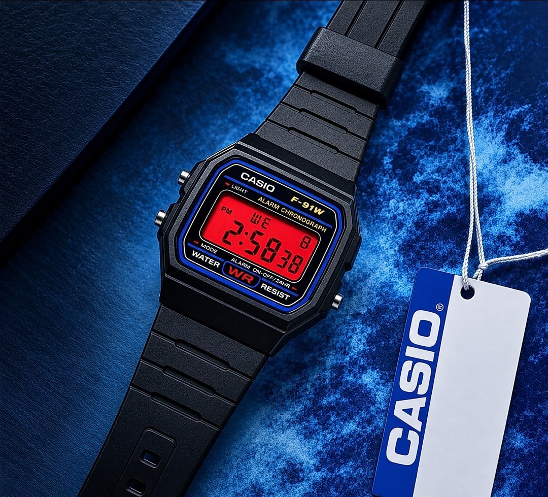 Custom Casio F91-W Black Version With Red Mod (Brand New)