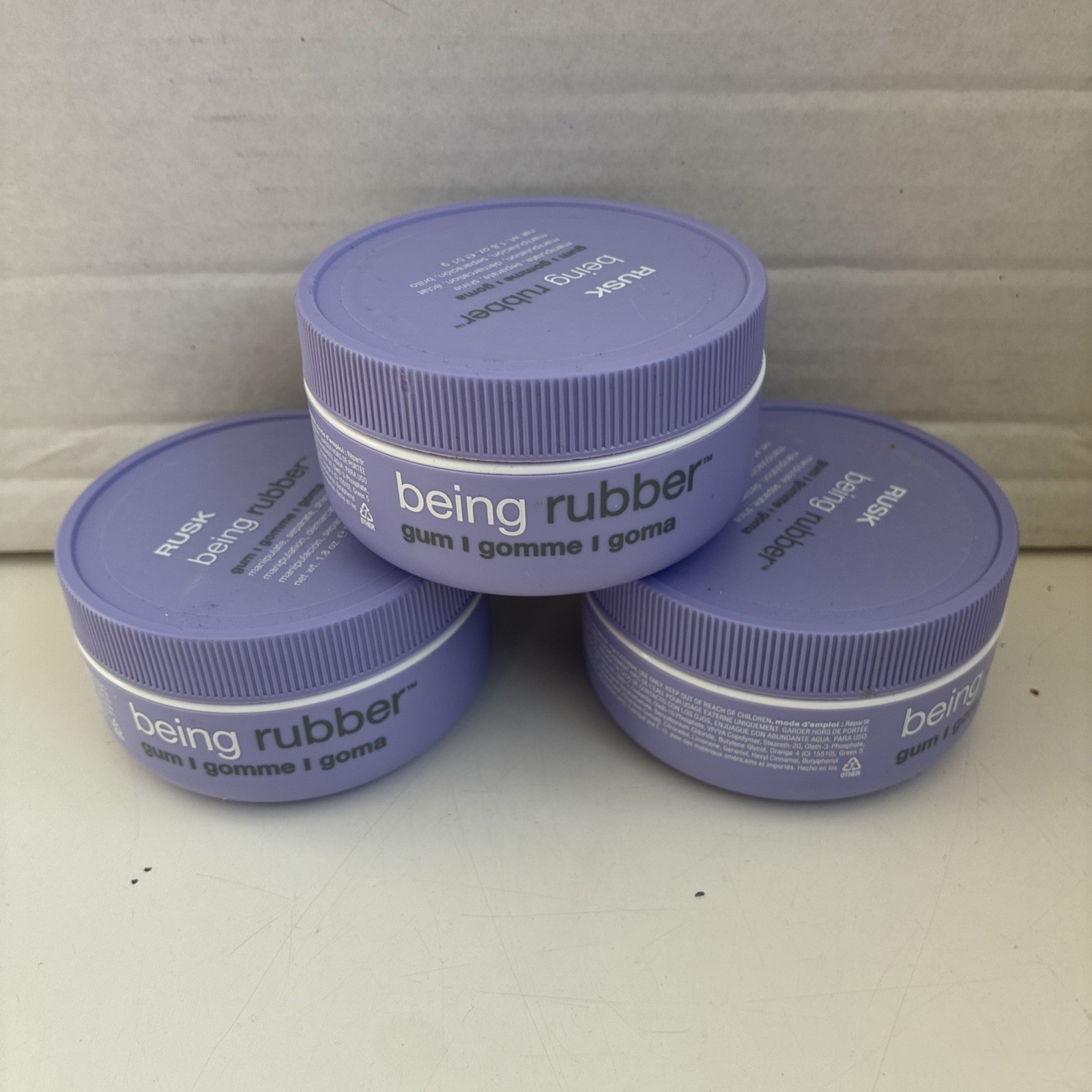 (3) Rusk BEING RUBBER Gum, Manipulate, Separate Shine 1.8oz NEW (3) Rusk BEING RUBBER Gum, Manipulate, Separate Shine 1.8oz NEW